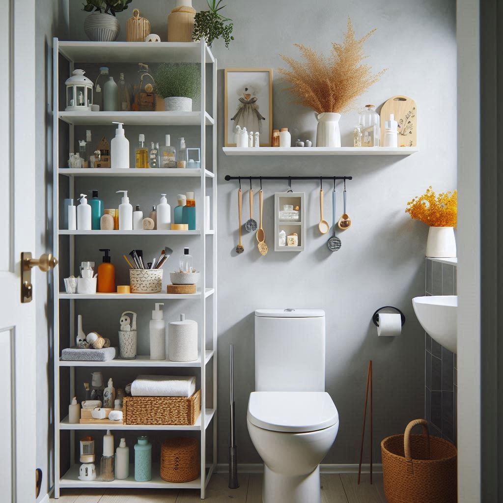 Slim Shelving Unit Beside the Toilet