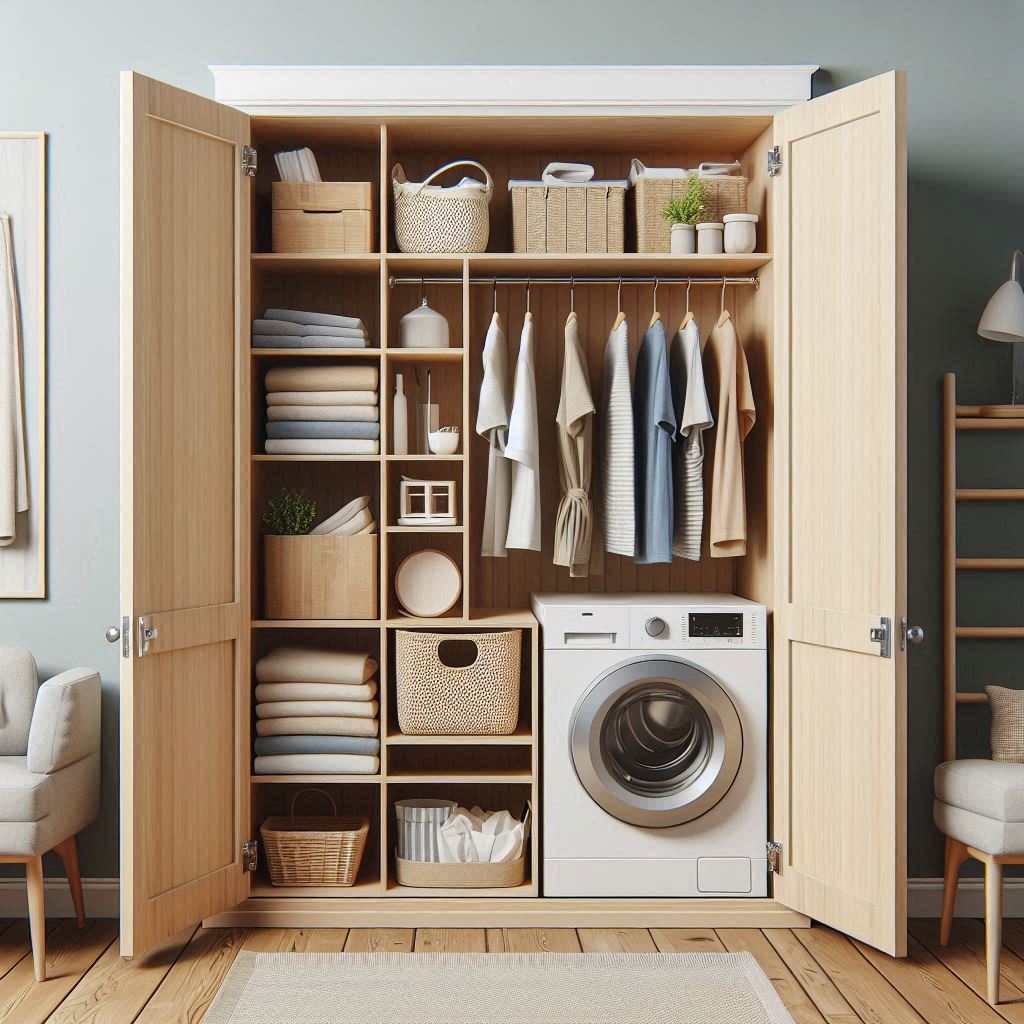 Laundry Closet with Cabinet Doors and Rod