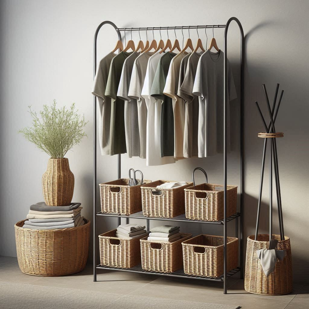 Freestanding Rack with Rods and Shelves