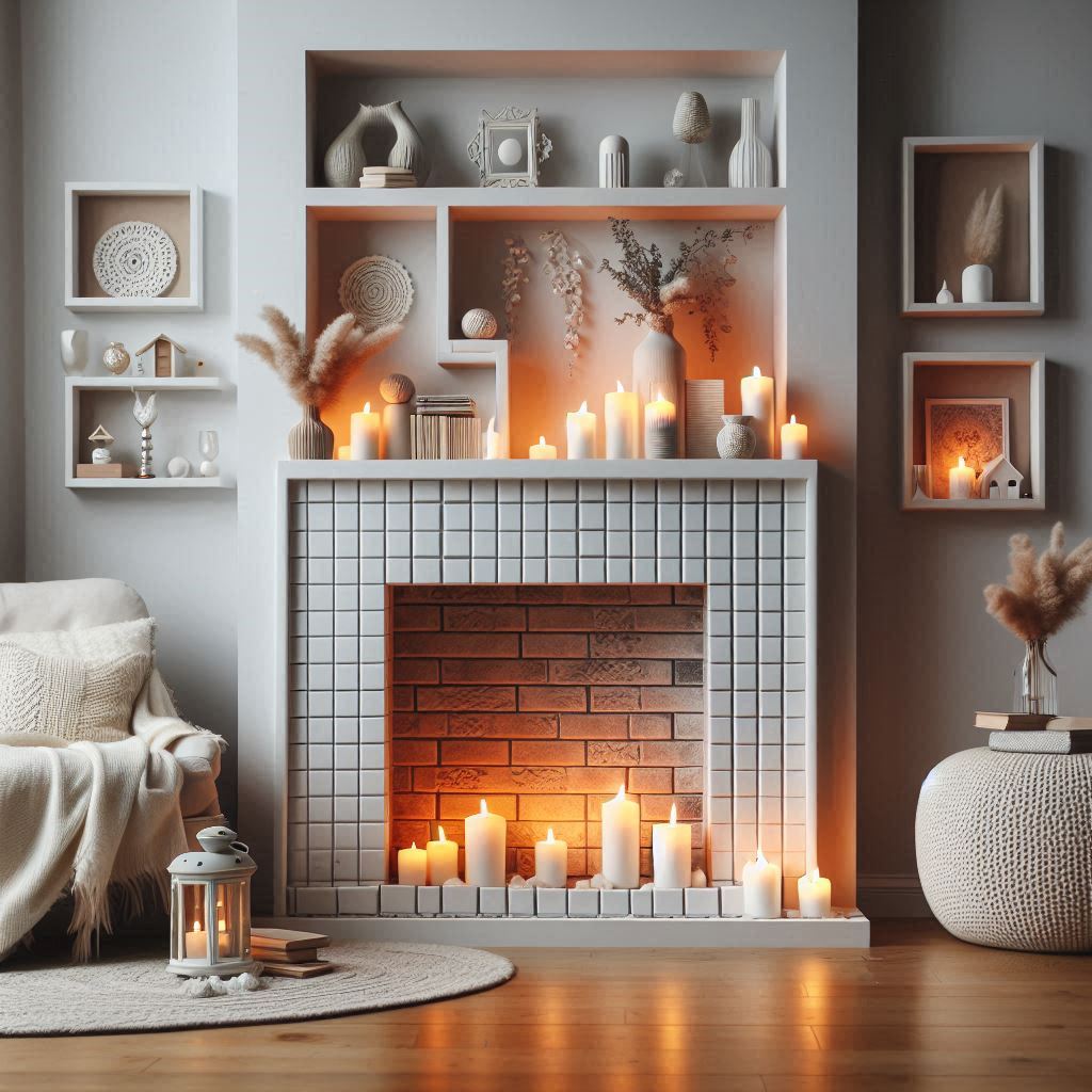 Peel-and-Stick Tiles for a Faux Fireplace or Wall Niche