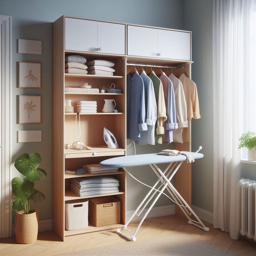 Fold-Down Ironing Station with Adjacent Rod