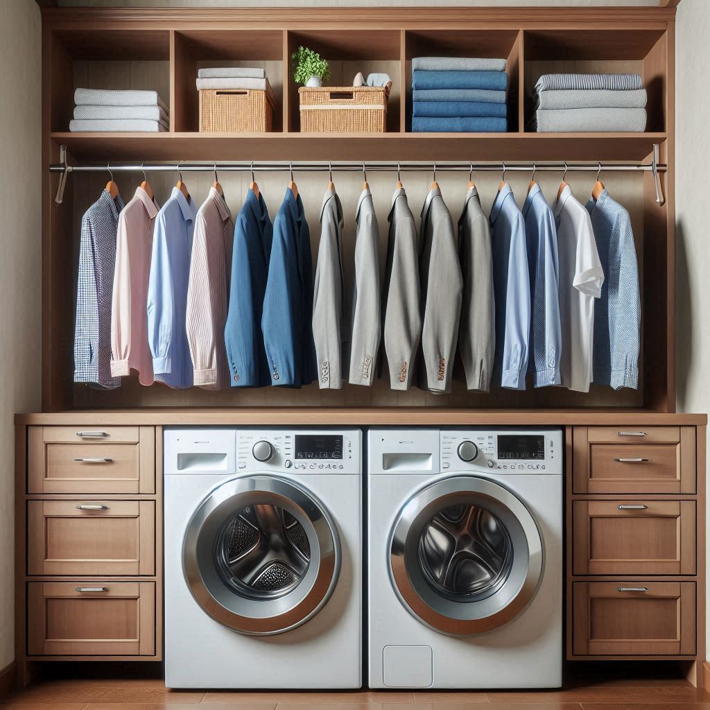 Cabinet Over Washer-Dryer with Hanging Rod
