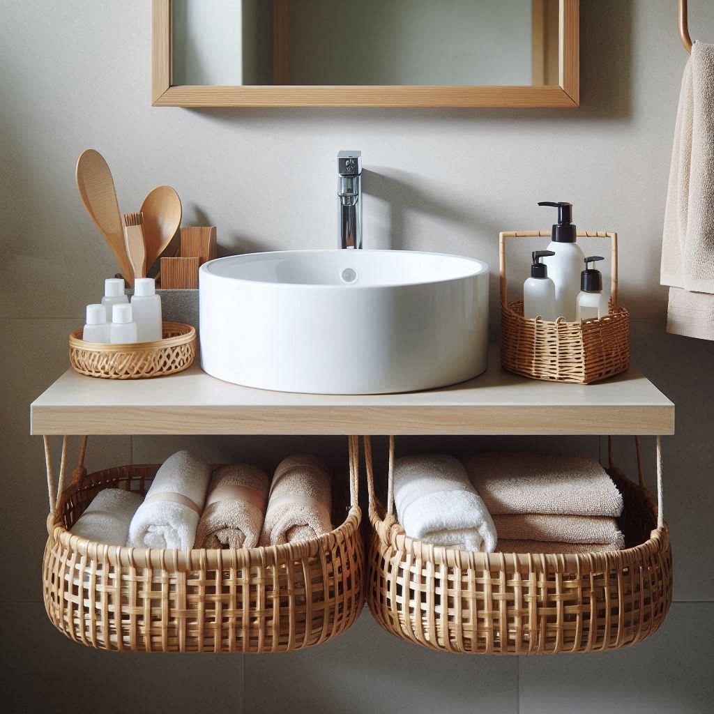 Bamboo Baskets Under Floating Sink