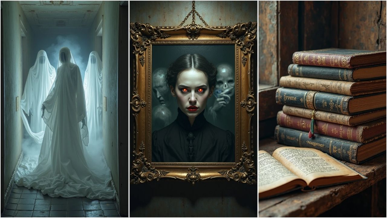 a collage of a woman in a white dress and a gold frame with red eyes