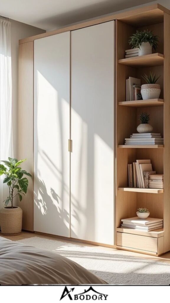 Built-in wardrobe with floating shelf sections on the sides