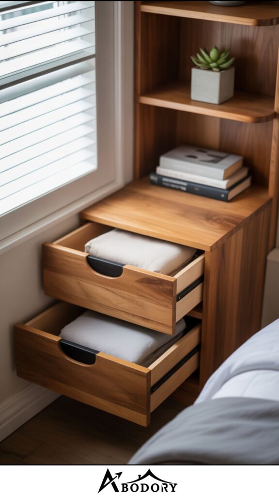 Corner bookshelves with drawers for storage