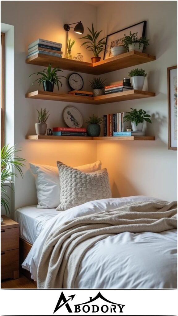 Corner-mounted shelves to maximize unused space