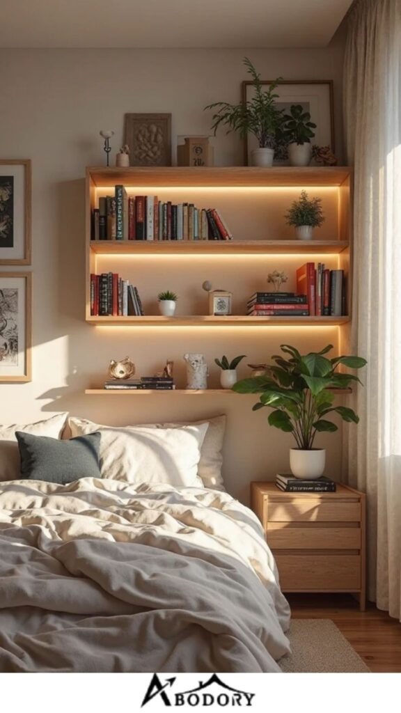 Corner wall floating bookshelves to maximize unused space
