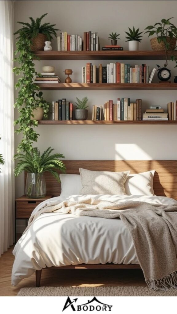 Dark wood floating shelves for a cozy, warm feel