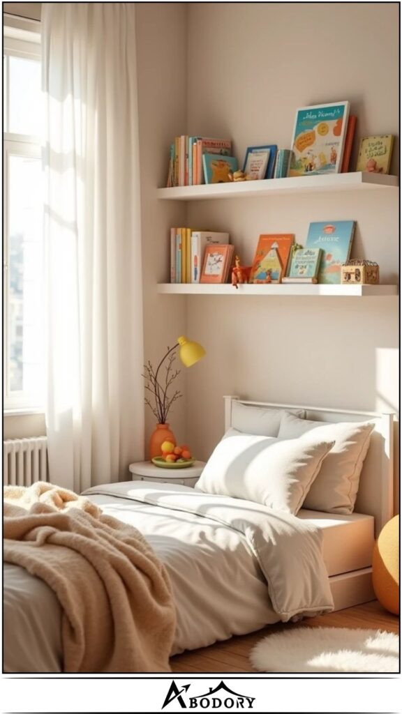 Floating bookshelves above the bed for space-saving