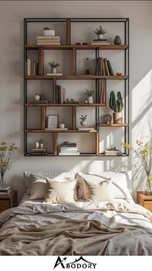 Floating shelves in geometric shapes for a modern vibe