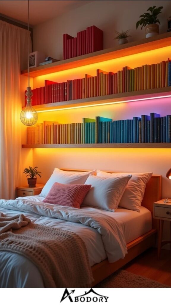 Floating shelves styled with color-coordinated books