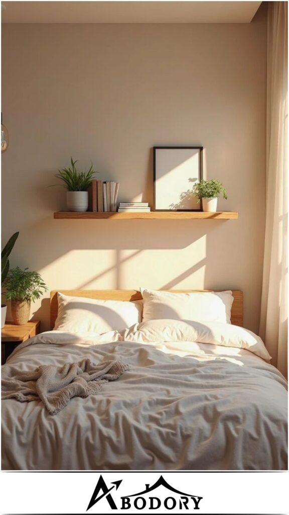 Floating wooden shelf with plants and books