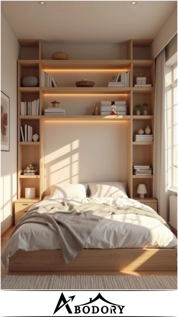 Hidden compartment shelves above bed for minimal clutter