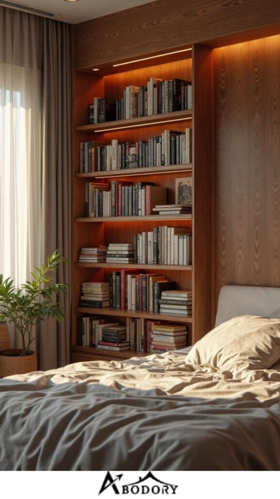 Hidden storage behind built-in shelves