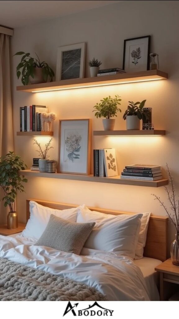 LED-lit floating shelves for a chic, ambient glow