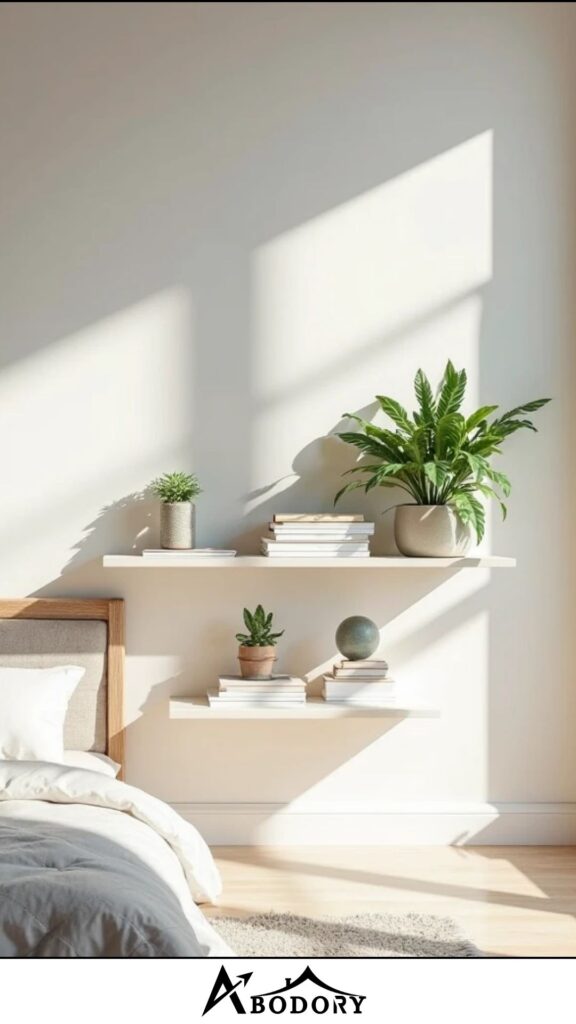 Minimalist white floating corner bookshelves