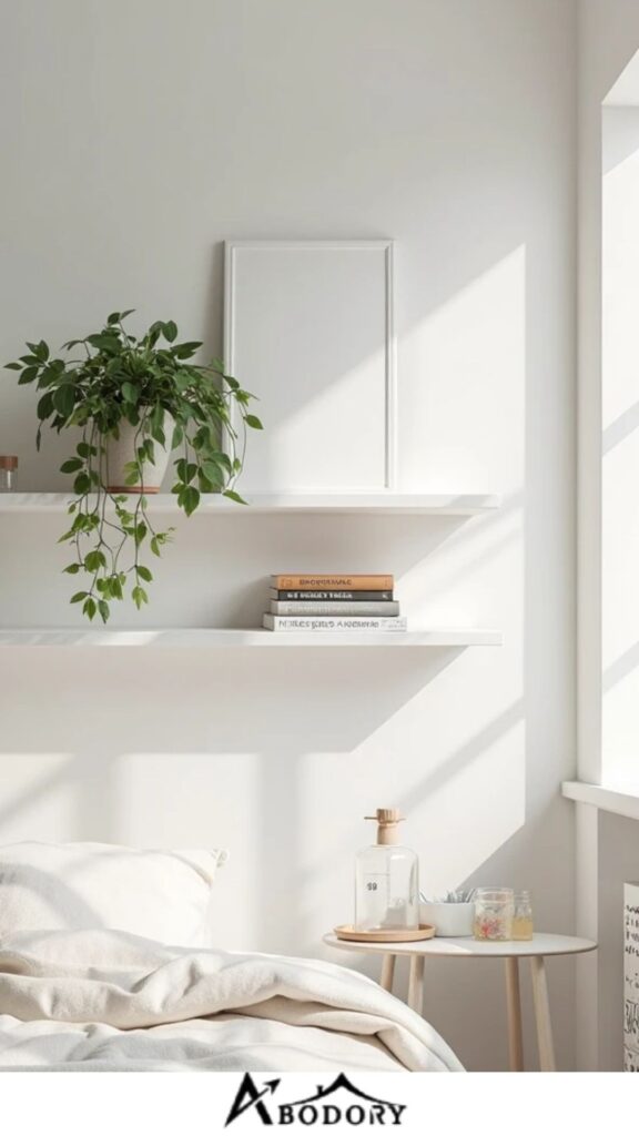 Minimalist white floating shelves for a clean, airy look