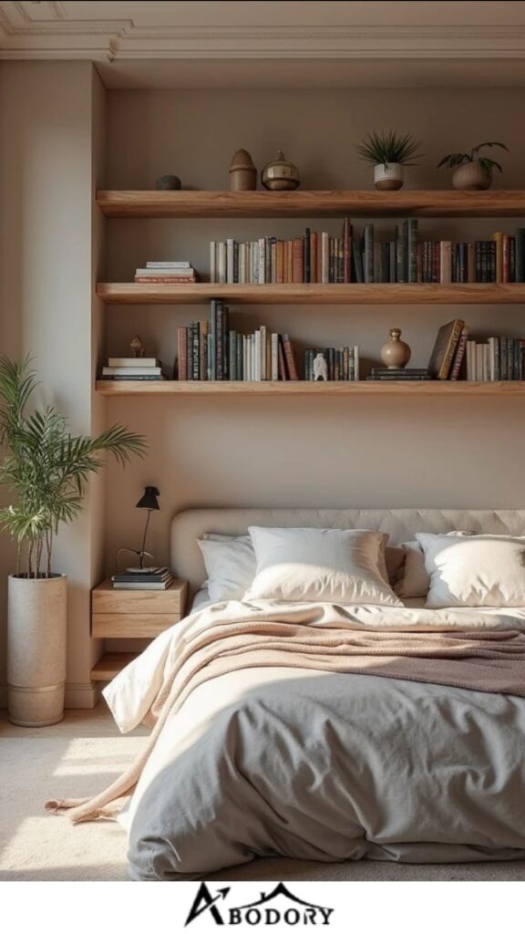 Multi-level floating shelves to organize books by size