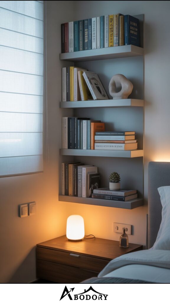 Over-the-nightstand corner bookshelf setup