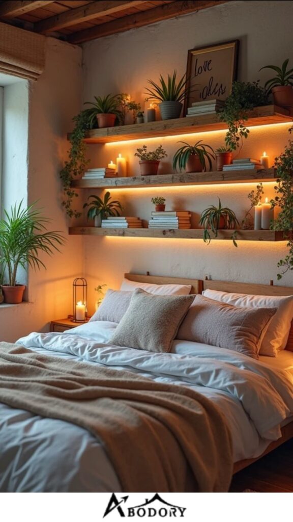 Rustic wood floating shelves for a warm, aesthetic look