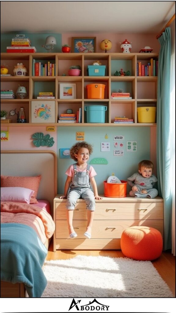 Separate sections for each child’s books and toys