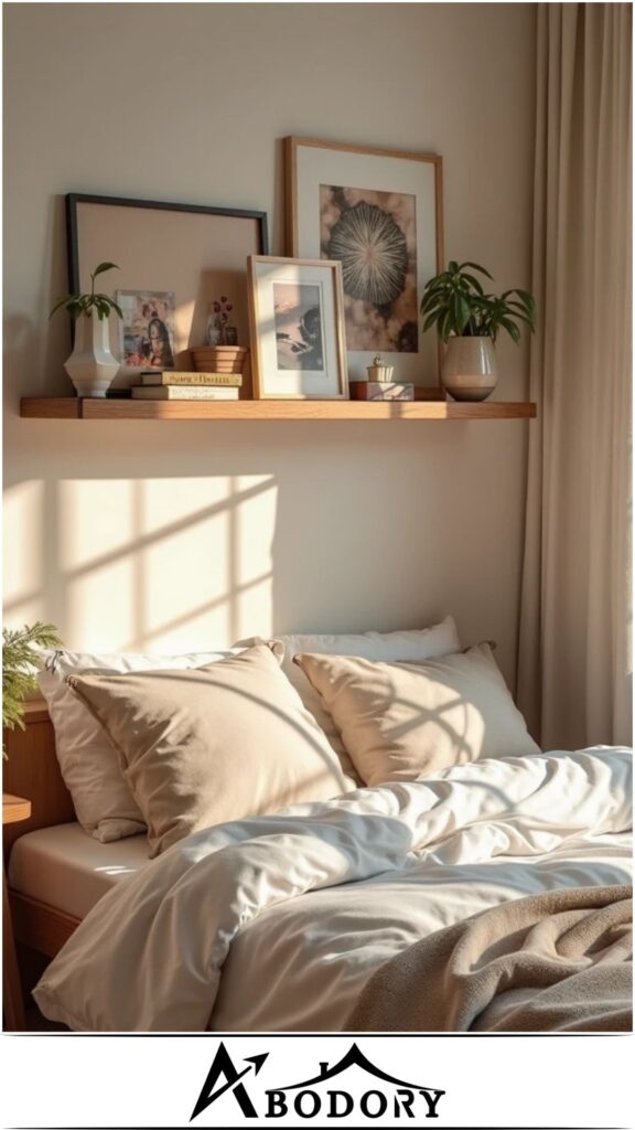 Shelves styled with decorative frames and small décor items