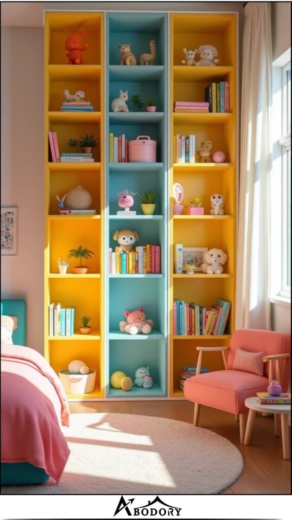 Shelves with colorful backing for playful vibe