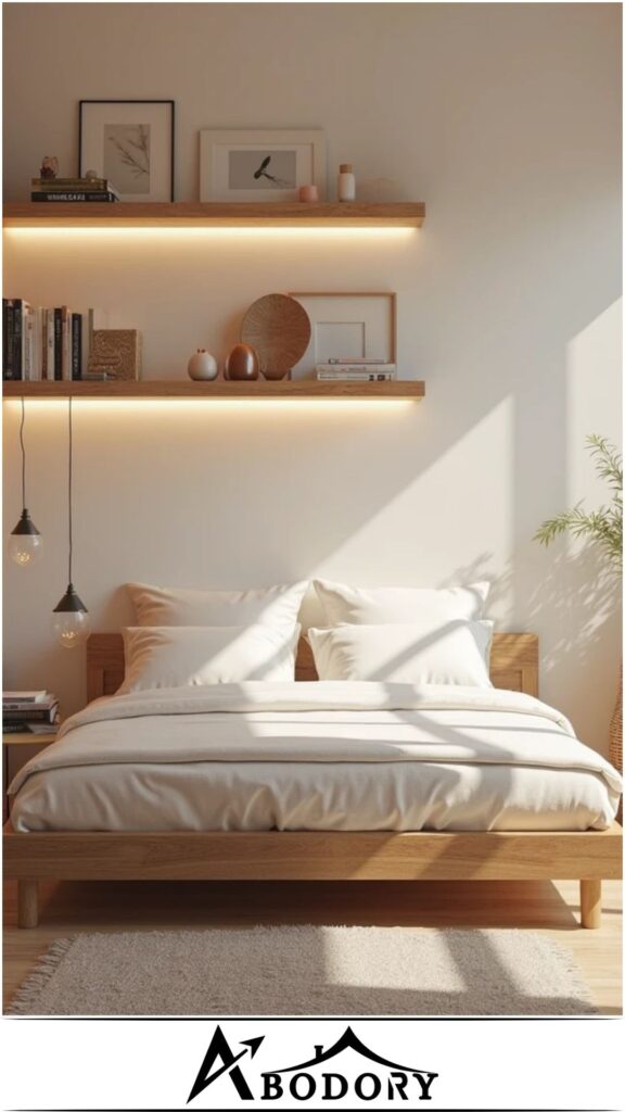 Simple wooden shelves with minimal décor pieces