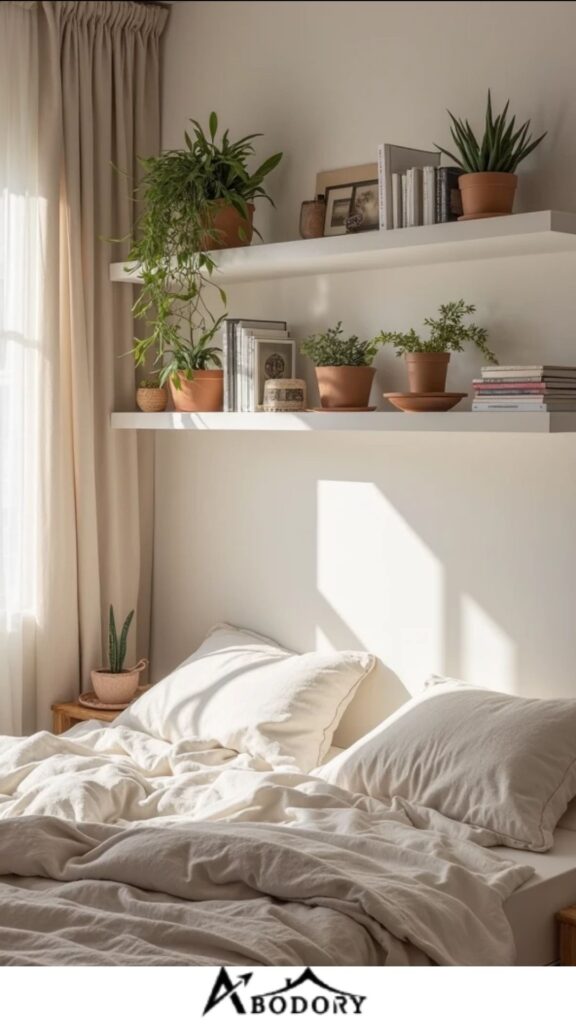 Slimline floating shelves above the bed for space-saving storage