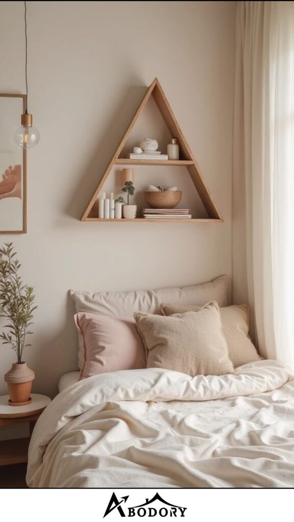 Triangle-shaped floating bookshelves for small corners