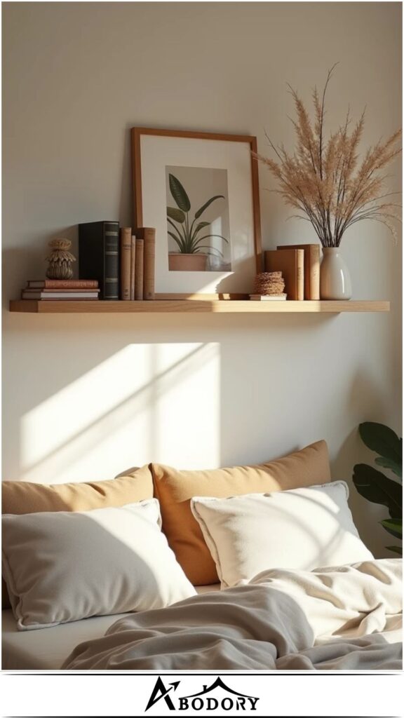 Use floating shelves as a gallery wall with art