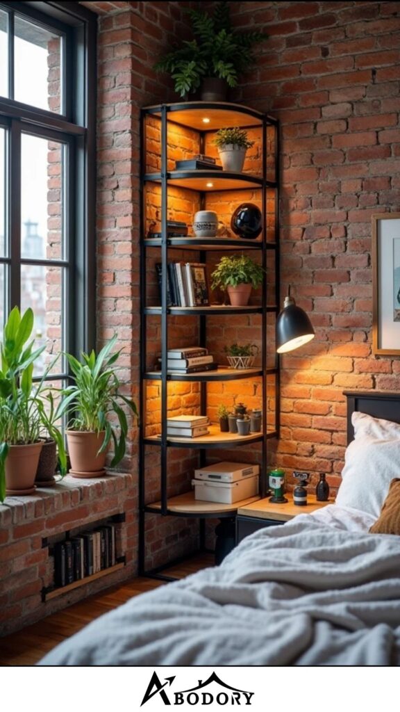 Wall-mounted pipe frame bookshelf in corner