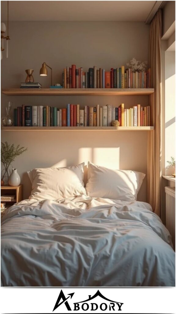 Wall-mounted shelves with soft LED lighting