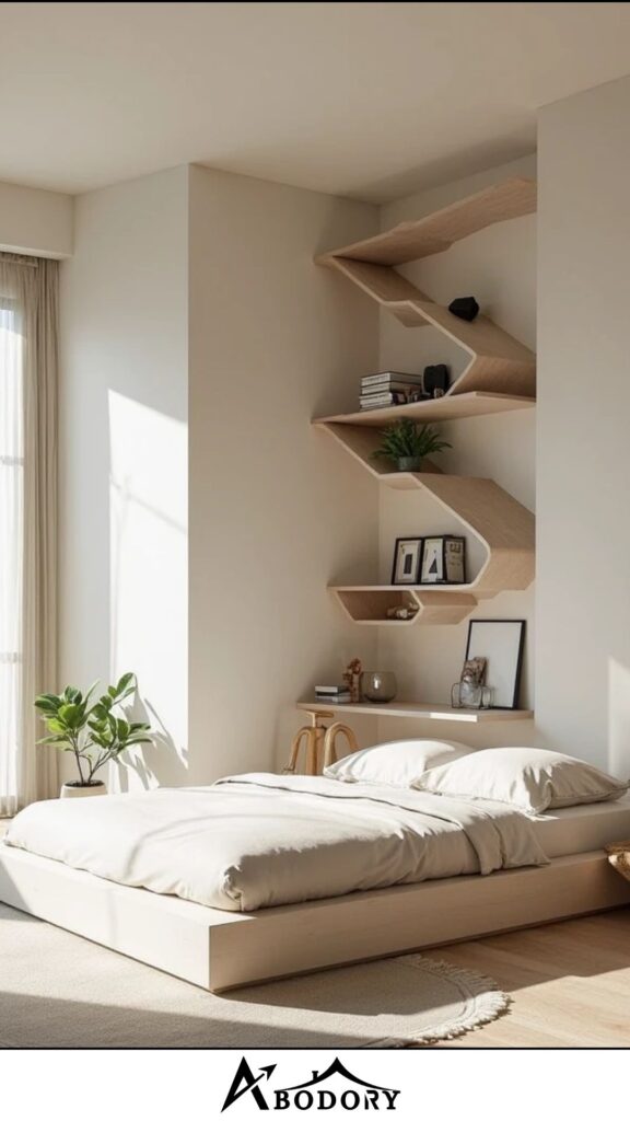 Zig-zag floating shelves in bedroom corners