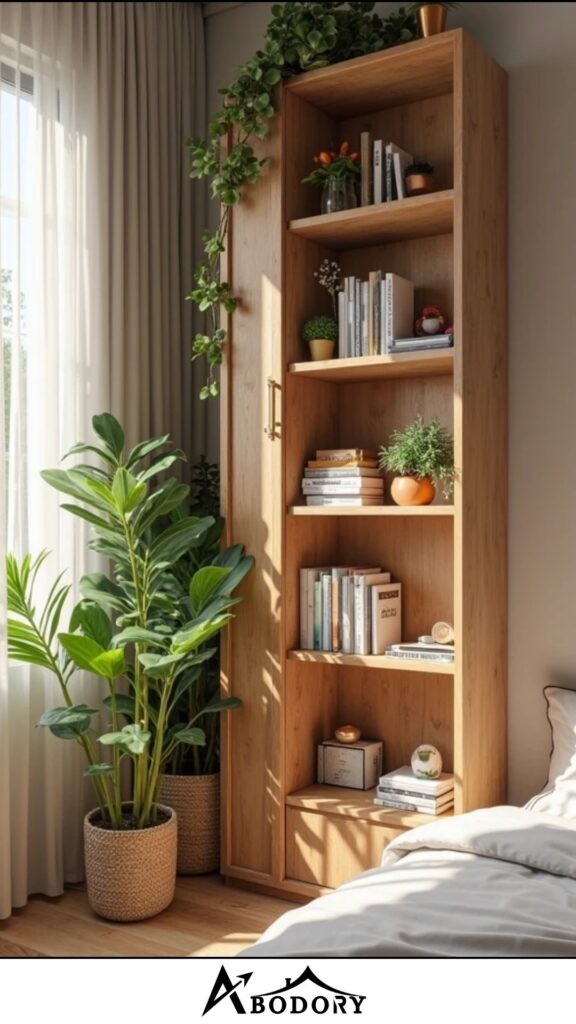 Ladder-style corner bookshelf with open shelves